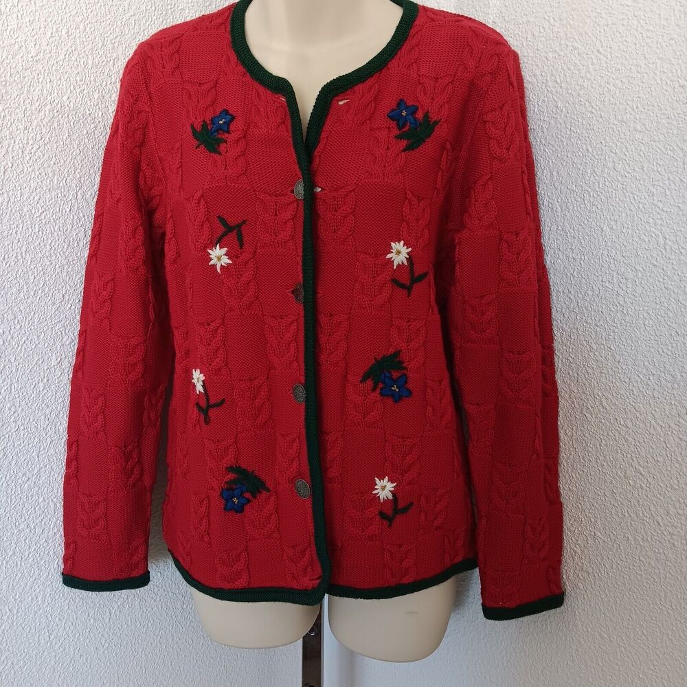Lanamoden Salzburg Red Cardigan Wool Sweater Size Small Embroidery Flowers